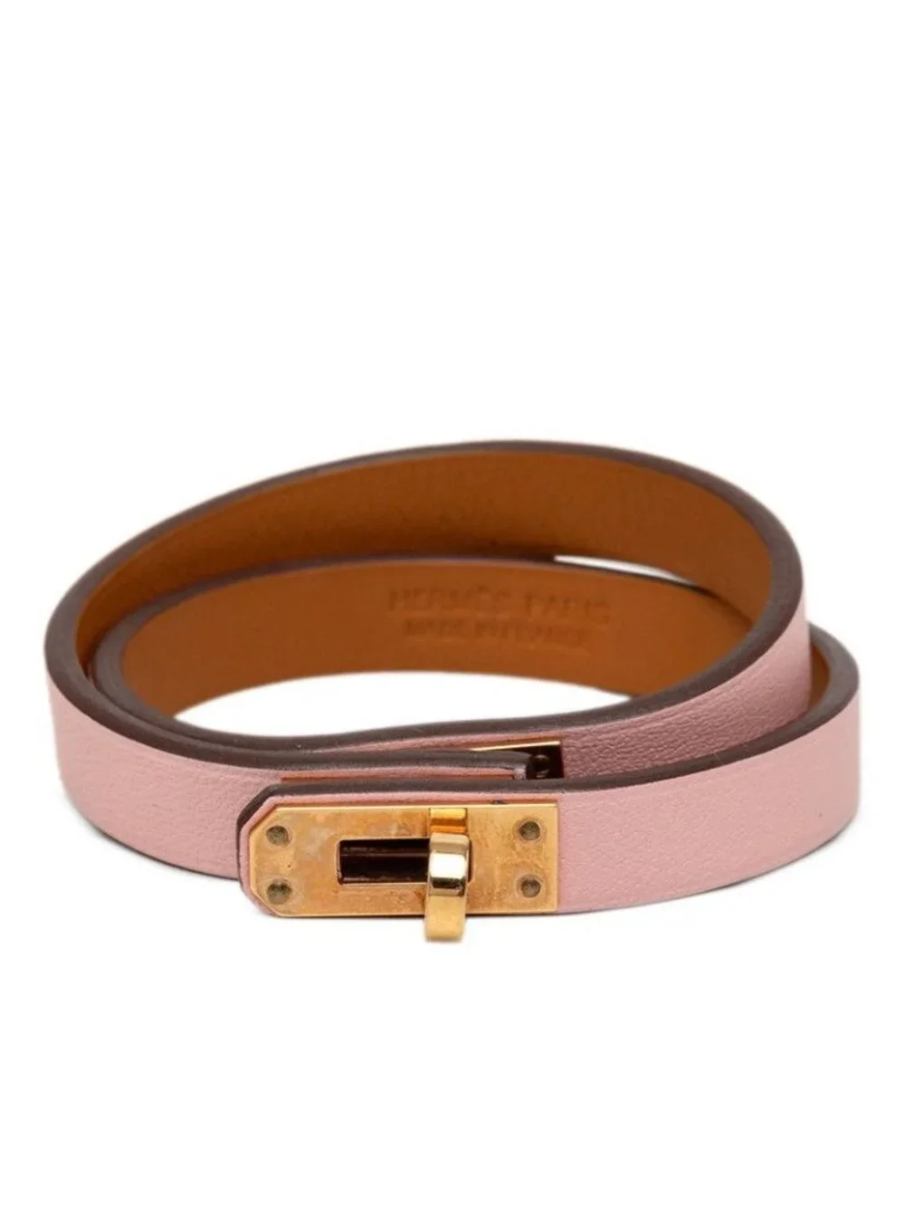 Hermes Mini Kelly Double Tour T2 Pink Gold Leather Plated Bracelet